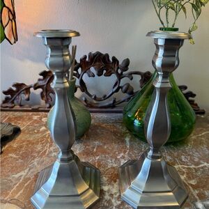 Pair of Vintage Brushed Pewter Over Brass Candlesticks